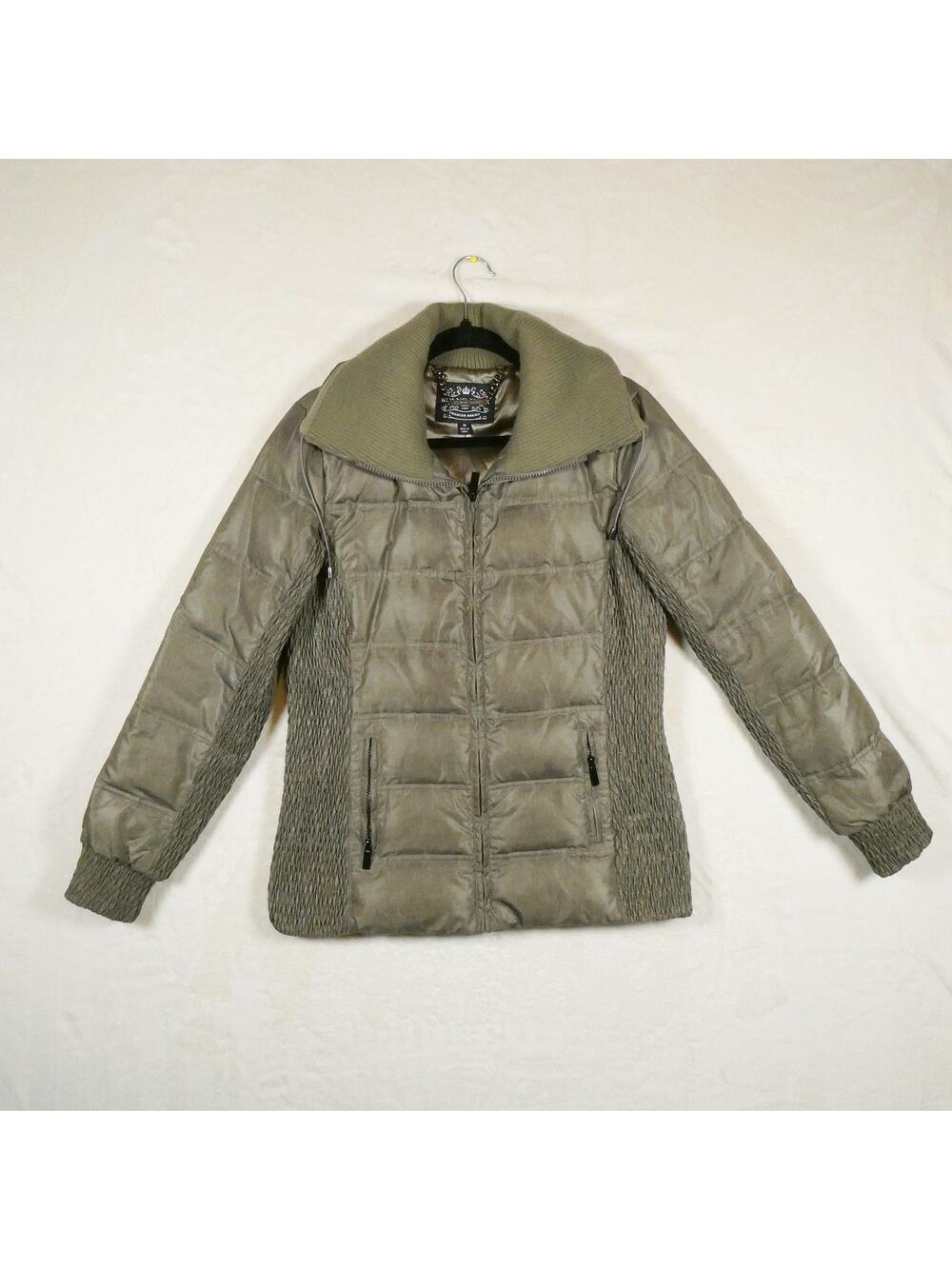 Blanc Noir Quilted Down Puffer Jacket Size M Aviator Collar Olive Green Luxe